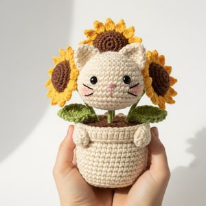 Puede incluir: Una maceta de gato de ganchillo con girasoles. El gato blanquecino tiene ojos negros, nariz rosa y bigotes. Los girasoles tienen pétalos amarillos y centros marrones. La maceta es blanquecina y tiene un diseño texturizado.