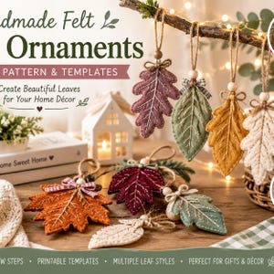 May include: Handmade felt leaf ornaments in various colors including burgundy, green, mustard, and cream. Each leaf features decorative stitching, a small wooden bead, and a twine loop for hanging. Some leaves are accented with small fabric bows.