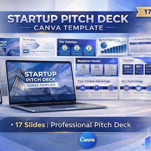 May include: A digital marketing image featuring a startup pitch deck template. The design includes a laptop and smartphone displaying the deck, with slides highlighting key business aspects. The text reads "STARTUP PITCH DECK CANVA TEMPLATE" and "17 Slides".