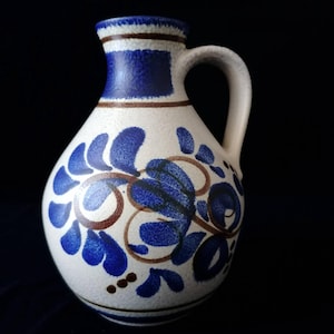 West Germany Pottery Vase, Vintage German Jug, Blue Floral Ceramic, Mid Century Fat Lava Style, Blue and White Pottery, West Germany Jug