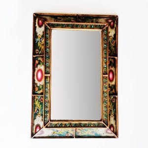 Vintage Peruvian Reverse Painted Mirror, Hand Painted Glass Mirror,Folk Art Mirror, Boho Wall Decor, Robert M Weiss Inspired Mirror, L1315