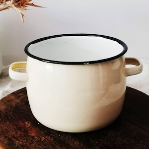 Vintage Bumper Harvest Enamel Pot, Small Chinese Enamelware Pot, Made in China, White Enamel Cooking Pot, Retro Kitchen Decor, L1517