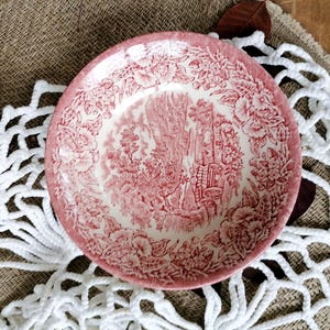 Vintage engelsk transferware-tallrik, rosa blommig lantlig scen, liten sidotallrik i järnsten, engelsk lantlig dekor, tillverkad i England, L308