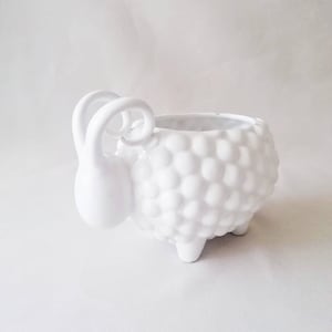 Puede incluir: Una maceta de cerámica blanca con forma de oveja y una superficie texturizada de bultos que representa la lana. El recipiente presenta una cabeza lisa con dos cuernos curvados y se apoya sobre cuatro patas pequeñas y redondeadas.