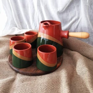 Service à chocolat chaud vintage en céramique avec 4 tasses, pot à chocolat rustique, grès style milieu du siècle, décoration de cuisine de ferme, L1356