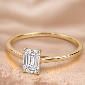 14k Solid Gold Emerald Cut Solitaire Ring, Lab Grown Diamond Promise Ring, Engagement Ring, Anniversary Ring Hand Made Diamond Ring For Her