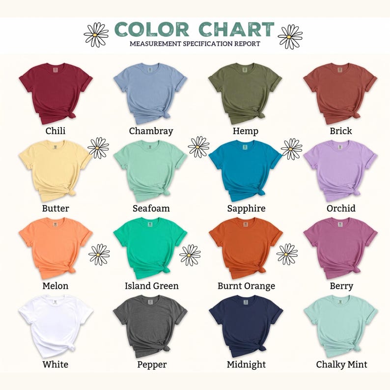 May include: A color chart featuring a variety of t-shirts in different colors. The colors include Chili, Chambray, Hemp, Brick, Butter, Seafoam, Sapphire, Orchid, Melon, Island Green, Burnt Orange, Berry, White, Pepper, Midnight, and Chalky Mint.