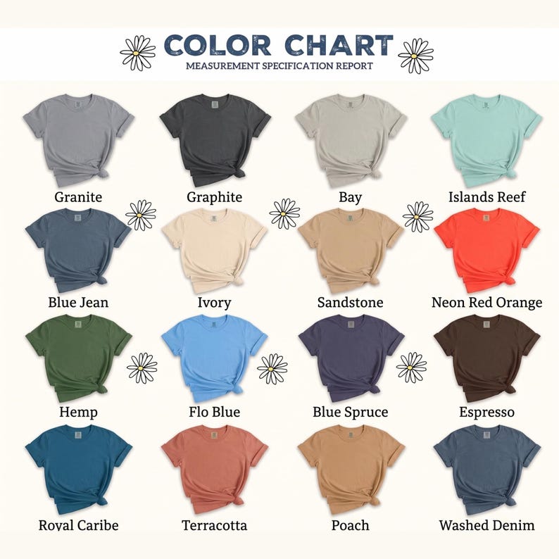 May include: Color chart featuring a variety of t-shirt colors, including Granite, Graphite, Bay, Islands Reef, Blue Jean, Ivory, Sandstone, and Neon Red Orange. Additional colors are Hemp, Flo Blue, Blue Spruce, Espresso, Royal Caribe, Terracotta, Poach, and Washed Denim.