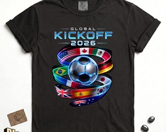 Global Kickoff 2026 Soccer Shirt – Futuristic Ball, International Flags, Comfort Colors Tee