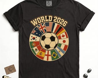 World 2026 Soccer Shirt – Retro Flag Wheel Football Tee – Comfort Colors 1717 Black