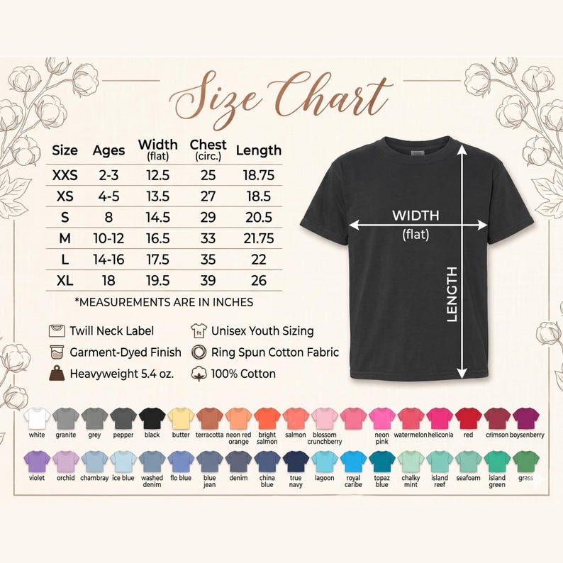 May include: A black t-shirt with a size chart and color swatches. The size chart shows measurements in inches for youth sizes, including width, chest, and length. The shirt features a twill neck label, garment-dyed finish, and is made of heavyweight 5.4 oz, 100% cotton.