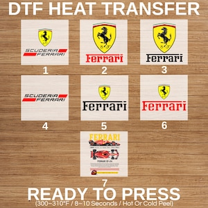May include: A collection of DTF heat transfer designs featuring the Ferrari logo and Scuderia Ferrari branding. Designs include the iconic prancing horse emblem and text variations. Ready to press transfers for apparel and accessories.