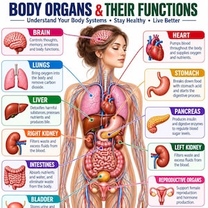 Puede incluir: Un póster educativo titulado BODY ORGANS & THEIR FUNCTIONS que muestra una figura humana central con los órganos internos resaltados. Etiquetas y líneas conectan el cerebro, el corazón, los pulmones, el estómago, el hígado y los riñones.