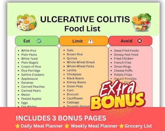 Ulcerative Colitis Food List Printable, Ulcerative Colitis Diet Food Chart, Ulcerative Colitis Grocery List, IBD Low Fiber & Low Fat Foods