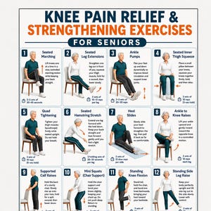 May include: A white instructional poster titled Knee Pain Relief & Strengthening Exercises for Seniors, featuring sixteen numbered illustrations of individuals performing various seated and standing physical therapy movements with descriptive text instructions.