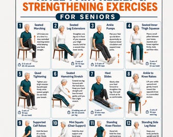 May include: A white instructional poster titled Knee Pain Relief & Strengthening Exercises for Seniors, featuring sixteen numbered illustrations of individuals performing various seated and standing physical therapy movements with descriptive text instructions.