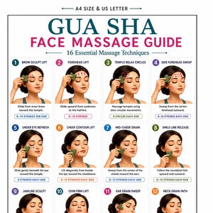 Peut inclure: Un guide de massage facial Gua Sha présentant 16 techniques essentielles. Le document affiche des illustrations d'une personne utilisant un outil en pierre verte sur diverses zones du visage, avec des étapes numérotées et des instructions.
