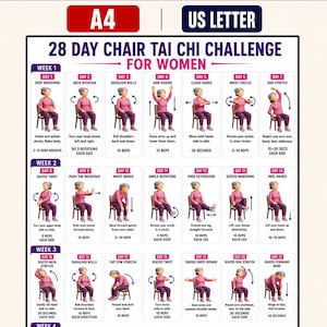 28 Day chair Tai Chi Challenge for Women Printable PDF, 4 Week Balance & Flexibility Program for All Levels, Gentle Daily Workout Poster