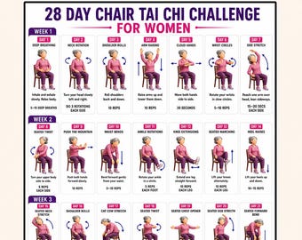 28-dniowe wyzwanie Tai Chi na krześle dla kobiet, plik PDF do druku, 4-tygodniowy program równowagi i elastyczności dla wszystkich poziomów, plakat z delikatnym, codziennym treningiem
