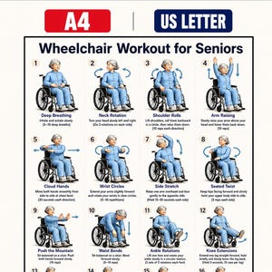 May include: A poster titled Wheelchair Workout for Seniors featuring sixteen numbered illustrations of a person in a blue outfit performing seated exercises. The chart includes text instructions for each movement, with A4 and US Letter labels at the top.