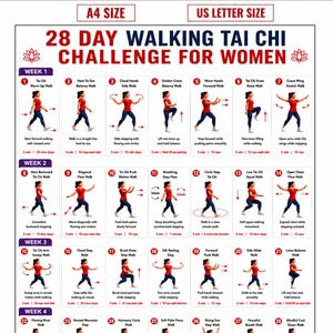 Könnte beinhalten: Ein 28-Tage-Tai-Chi-Geh-Challenge-Diagramm mit 28 nummerierten Übungsillustrationen. Jeder Eintrag zeigt eine Person in einem roten Oberteil und einer blauen Hose, die bestimmte Bewegungen ausführt, begleitet von schriftlichen Anweisungen.