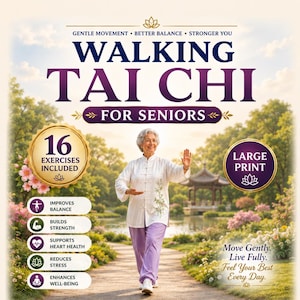 Tai Chi gångträning för seniorer, stående balansövningar, steg-för-steg-guidebok och planerare i PDF-format