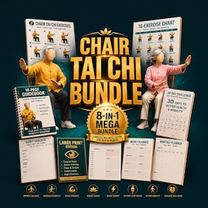 May include: The image showcases a "Chair Tai Chi Bundle" with a guide book, exercise charts, and planners. The bundle includes an 8-in-1 mega bundle for men and women. The text highlights benefits like improved balance and reduced stress. The overall theme is wellness and mobility.