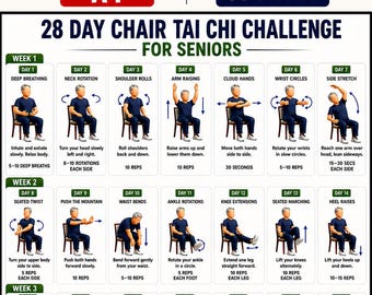 May include: A 28-day chair Tai Chi challenge chart for seniors, featuring A4 and US Letter size options. The grid displays daily exercises with illustrations of a person in a blue shirt performing movements on a chair, including text instructions.