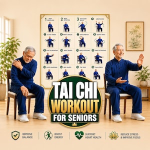 Op de afbeelding: Afbeelding die een Tai Chi-training voor senioren promoot. Twee oudere volwassenen in blauwe outfits zitten en demonstreren Tai Chi-poses. Een poster achter hen illustreert verschillende oefeningen. Tekst: "Tai Chi Workout for Seniors."