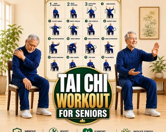 May include: A poster titled TAI CHI WORKOUT FOR SENIORS featuring sixteen numbered illustrations of seated exercises. The chart displays movements like deep breathing, neck rotation, and shoulder rolls, with icons for balance, energy, and heart health.
