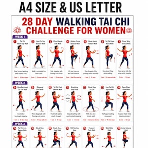 28 Day walking Tai Chi Challenge for Women Printable PDF 4 Week Balance & Flexibility Program for All Levels Gentle Daily Workout Poster