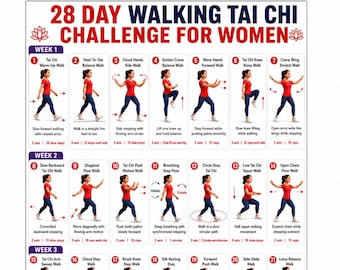 28-daagse wandel-Tai Chi-uitdaging voor vrouwen (printbare PDF), 4 weken durend balans- en flexibiliteitsprogramma voor alle niveaus, poster met een lichte dagelijkse workout