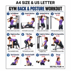 May include: A gym back and posture workout chart in A4 and US Letter size. It features twelve numbered illustrations of a person in a purple shirt and dark leggings performing exercises like lat pulldowns, rows, and deadlifts with instructions.