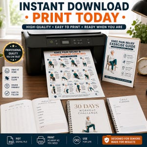 May include: A digital download set featuring a knee pain relief exercise guide for seniors, a 30-day workout challenge, a weekly workout planner, and a habit tracker. The documents include instructional diagrams, text, and checklists for home printing.