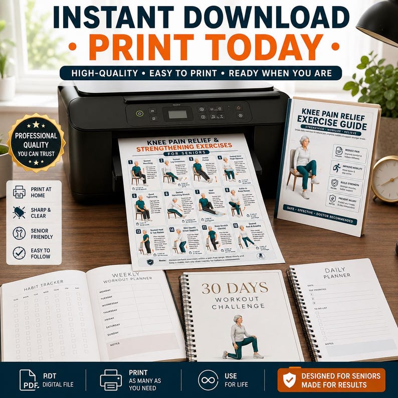 May include: A digital download set featuring a knee pain relief exercise guide for seniors, a 30-day workout challenge, a weekly workout planner, and a habit tracker. The documents include instructional diagrams, text, and checklists for home printing.
