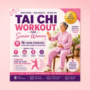 May include: A promotional image for a Tai Chi workout program for senior women. The image features a woman in pink activewear demonstrating a Tai Chi pose. Text includes "Tai Chi Workout," "16 Chair Exercises," and "Gentle Movements, Big Benefits."