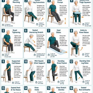May include: An instructional chart titled Knee Pain Relief & Strengthening Exercises for Seniors, featuring 16 numbered illustrations of individuals performing seated and standing physical therapy movements with descriptive text for each exercise.