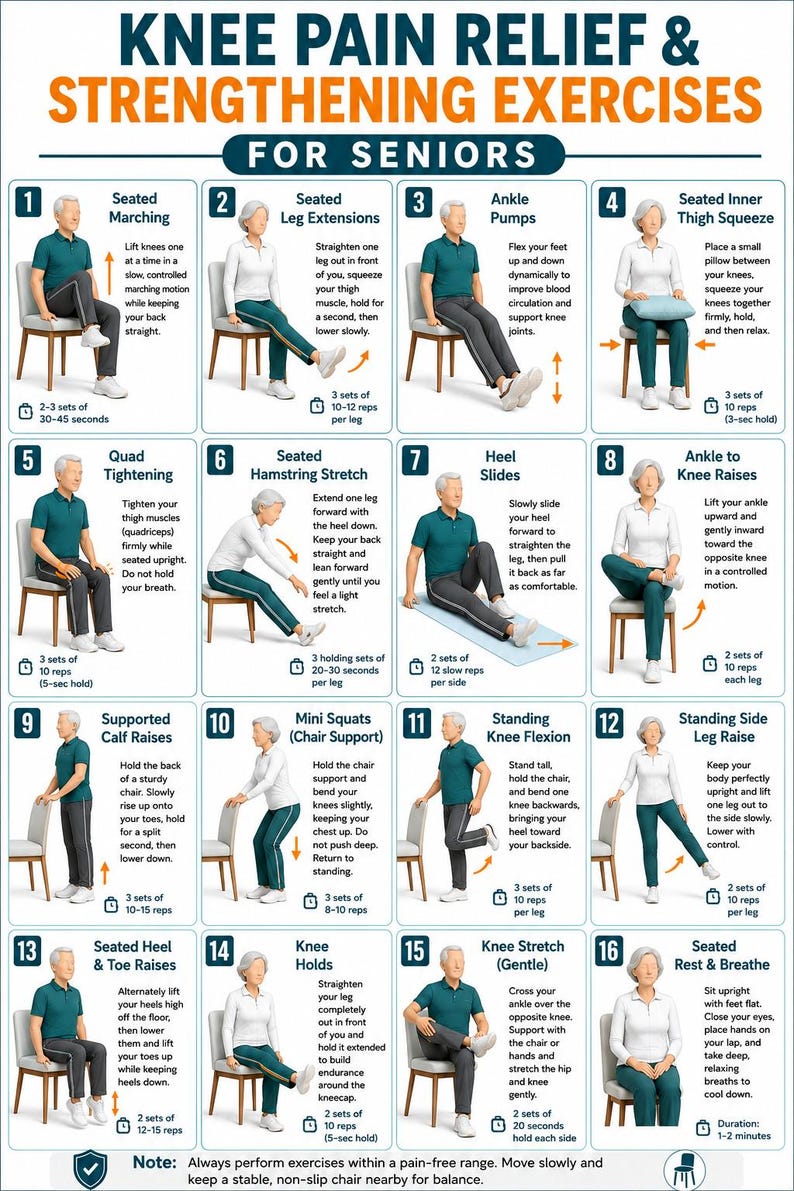 May include: An instructional chart titled Knee Pain Relief & Strengthening Exercises for Seniors, featuring 16 numbered illustrations of individuals performing seated and standing physical therapy movements with descriptive text for each exercise.