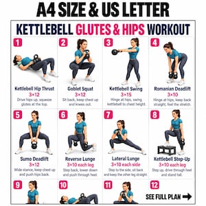 May include: A workout chart titled Kettlebell Glutes & Hips Workout featuring twelve numbered panels. Each panel displays a person in a teal shirt and gray leggings performing a specific kettlebell exercise with instructional text and repetition counts.