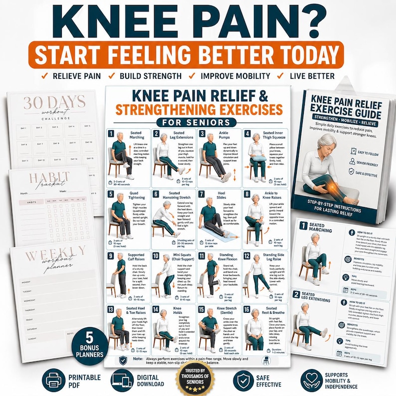 Knee Pain Relief Exercises Printable, Knee Joint Pain Workout, Gentle Knee Therapy Routine, Low Impact Rehab Exercises, Knee workout plan image 3