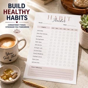 May include: A white paper habit tracker with a grid for daily tasks, featuring the text "HABIT TRACKER" and "BUILD HEALTHY HABITS CONSISTENCY TODAY, STRONGER YOU TOMORROW." The sheet includes lines for notes and reflections, alongside a coffee mug.