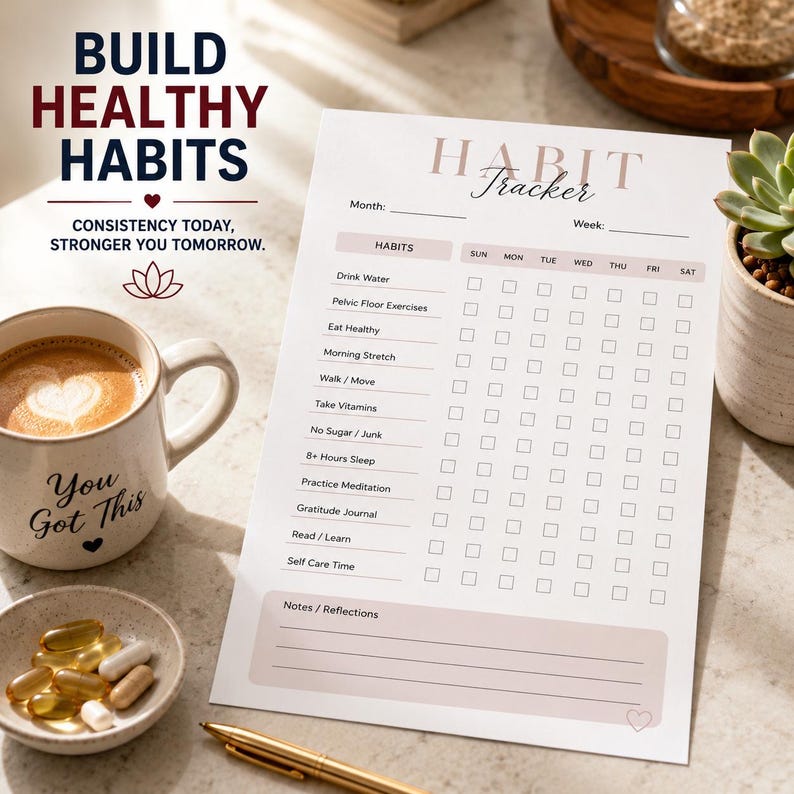 May include: A white paper habit tracker with a grid for daily tasks, featuring the text "HABIT TRACKER" and "BUILD HEALTHY HABITS CONSISTENCY TODAY, STRONGER YOU TOMORROW." The sheet includes lines for notes and reflections, alongside a coffee mug.