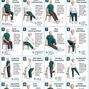 May include: An instructional chart titled Knee Pain Relief & Strengthening Exercises for Seniors, featuring sixteen numbered illustrations of individuals performing seated and standing physical therapy movements with descriptive text for each exercise.
