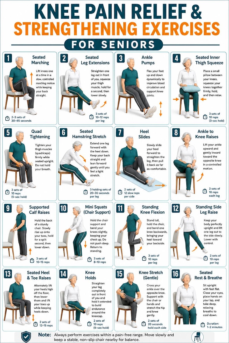 May include: An instructional chart titled Knee Pain Relief & Strengthening Exercises for Seniors, featuring sixteen numbered illustrations of individuals performing seated and standing physical therapy movements with descriptive text for each exercise.