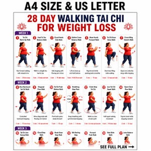 May include: A white instructional chart titled 28 Day Walking Tai Chi For Weight Loss, featuring numbered illustrations of a person in a red shirt and blue leggings performing various movements across three weeks, with text descriptions for each exercise.