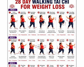 May include: A white instructional chart titled 28 Day Walking Tai Chi For Weight Loss, featuring numbered illustrations of a person in a red shirt and blue leggings performing various movements across three weeks, with text descriptions for each exercise.
