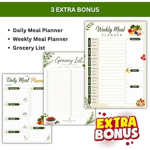 May include: Three printed meal planning sheets featuring a Daily Meal Planner, a Weekly Meal Planner, and a Grocery List. Each sheet includes green leaf accents, food illustrations, and organised sections for breakfast, lunch, dinner, and snacks.