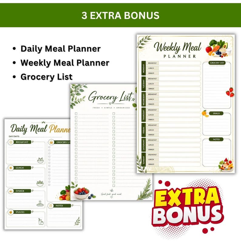 May include: Three printed meal planning sheets featuring a Daily Meal Planner, a Weekly Meal Planner, and a Grocery List. Each sheet includes green leaf accents, food illustrations, and organised sections for breakfast, lunch, dinner, and snacks.