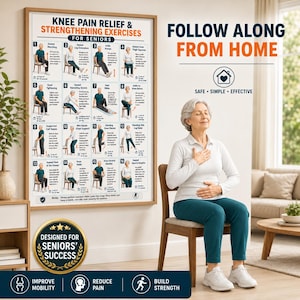 May include: A wall poster titled Knee Pain Relief & Strengthening Exercises for Seniors featuring sixteen illustrated exercise steps, alongside a gold seal stating Designed for Seniors' Success and text reading Follow Along From Home.