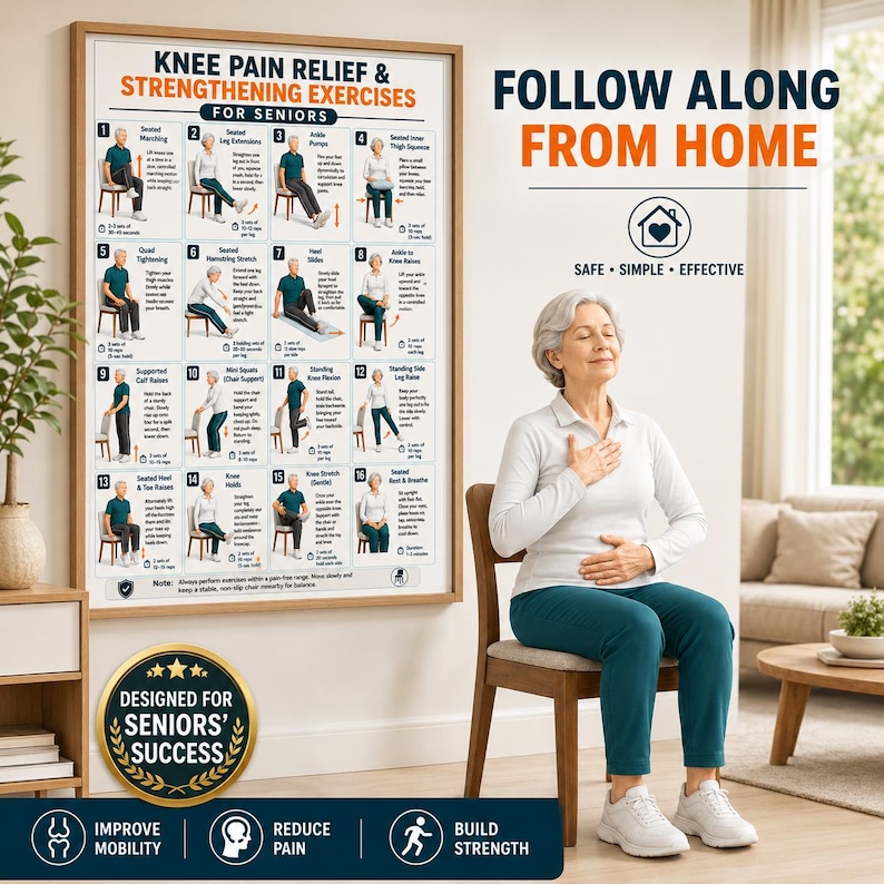 May include: A wall poster titled Knee Pain Relief & Strengthening Exercises for Seniors featuring sixteen illustrated exercise steps, alongside a gold seal stating Designed for Seniors' Success and text reading Follow Along From Home.